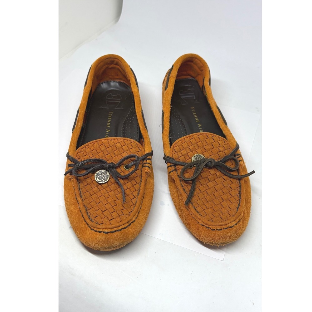 Etienne Aigner Moccasins Women 6.5 Orange Excellent Woven Suede Driving Flats